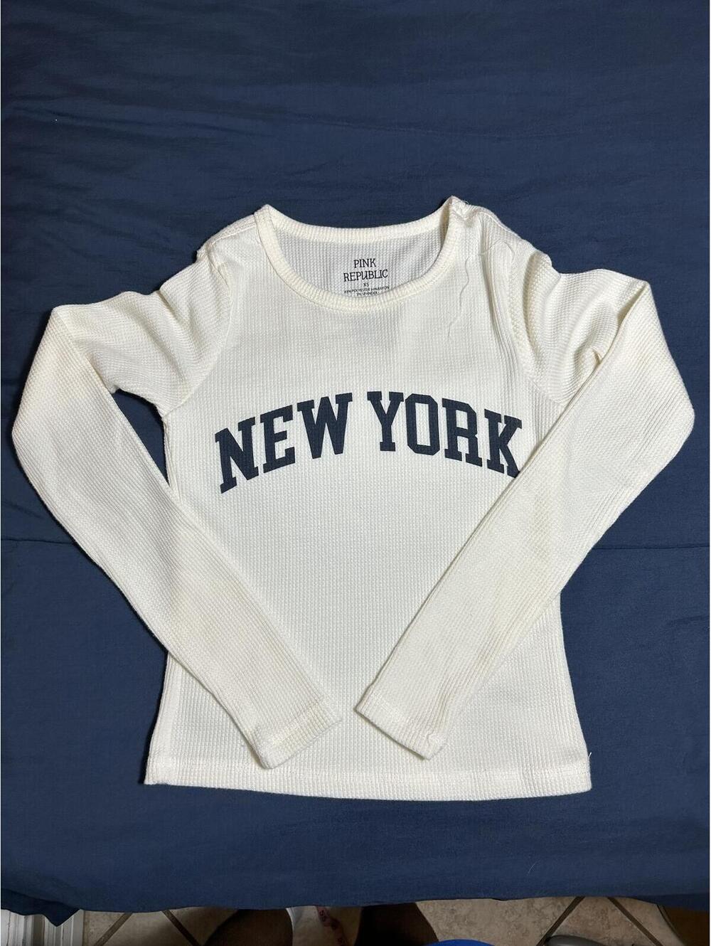 Pink Republic White Ribbed Long Sleeve New York Graphic Top Size XS